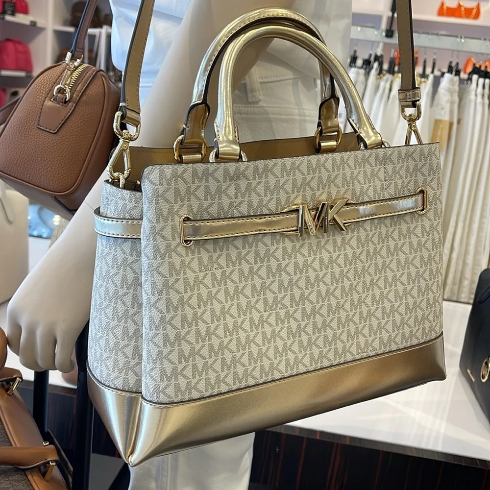 MICHAEL KORS  Reed Large Central Zip Graphic Logo Belted Satchel Pale Gold  NWT